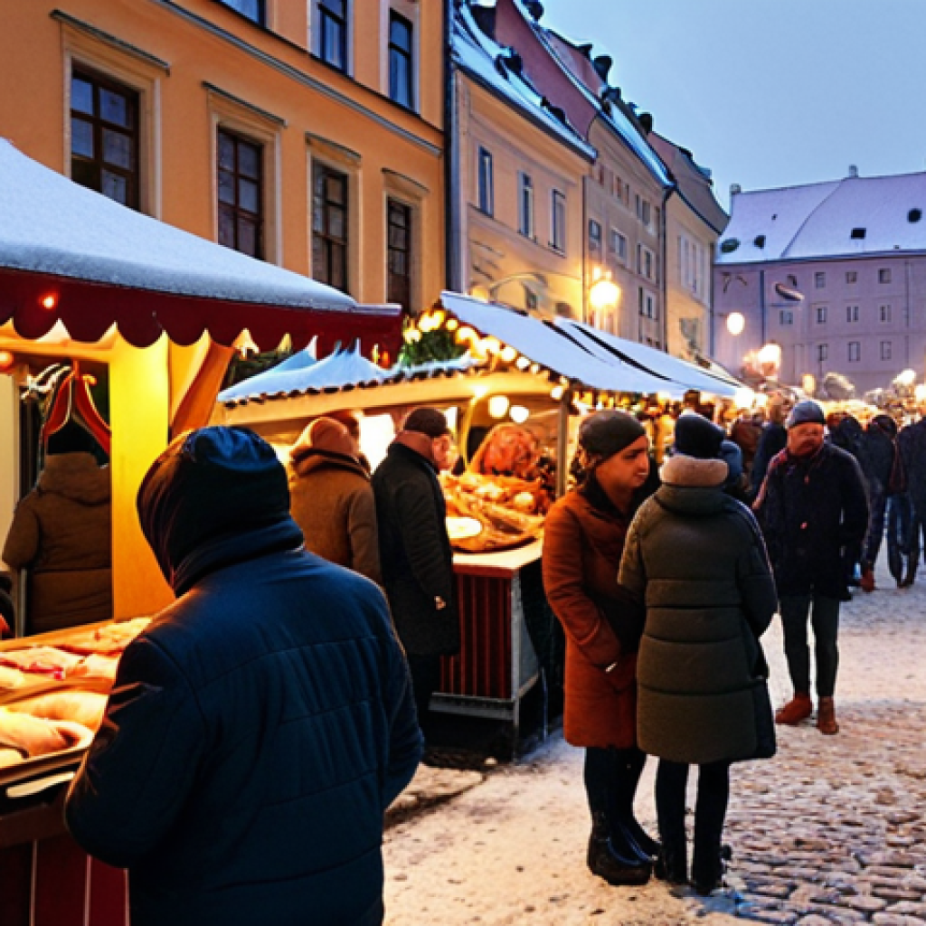 ** A bustling Kraków street scene at Christmas time. The Rynek Główny is filled with festive market stalls selling pierogi, kielbasa, and grzane wino. Snow is gently falling, and the Sukiennice are illuminated with warm, inviting lights.

**