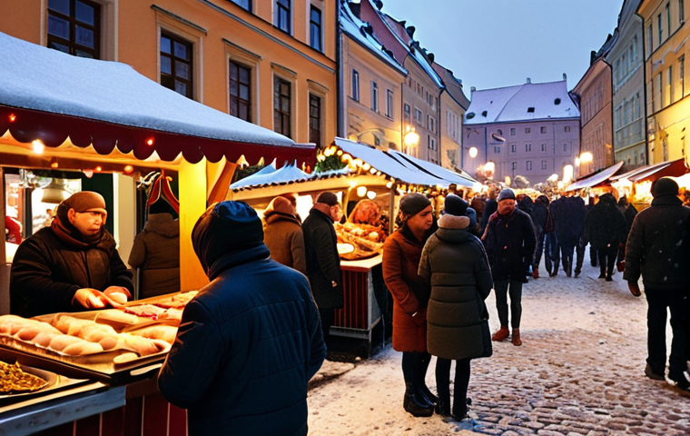 ** A bustling Kraków street scene at Christmas time. The Rynek Główny is filled with festive market stalls selling pierogi, kielbasa, and grzane wino. Snow is gently falling, and the Sukiennice are illuminated with warm, inviting lights.

**