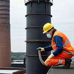 ** A busy environmental specialist climbing a factory chimney to collect air samples, wearing safety gear, with industrial buildings in the background and a determined expression.

**