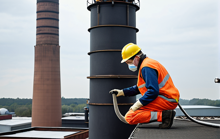 ** A busy environmental specialist climbing a factory chimney to collect air samples, wearing safety gear, with industrial buildings in the background and a determined expression.

**
