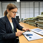 **Prompt:** A determined female environmental specialist in a contemporary Polish setting, navigating a complex, dynamic visual representation of intertwined EU Green Deal directives and Polish environmental laws (abstract legal documents, digital interfaces with regulations). In the foreground, she is engaged in a practical task like overseeing waste sorting for circular economy, or monitoring environmental data in an industrial context, demonstrating the transition from legal theory to real-world application. The scene captures both the challenge of regulatory complexity and the tangible impact of hands-on environmental management, with a backdrop subtly hinting at Poland's transforming landscape. Realistic, professional photography style, conveying depth and purpose.
